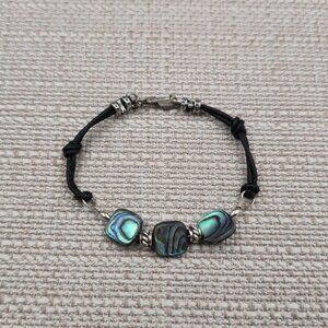 6 Inch Sterling Silver And Leather Abalone Shell Bracelet A7205